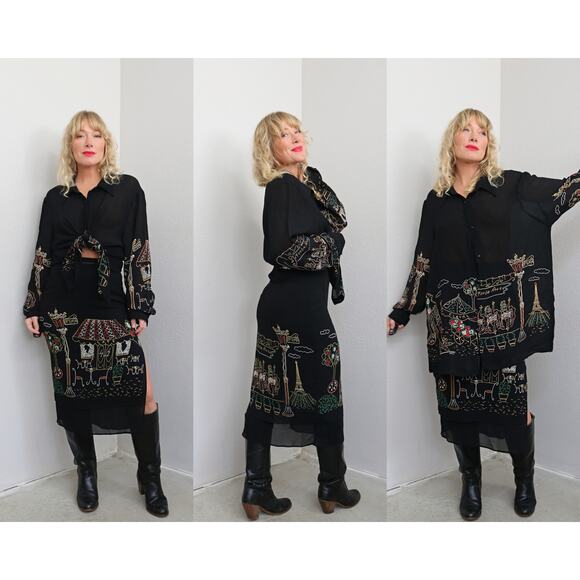 1990's Vintage Moulin Rouge Skirt & Blouse Set ~ Women's XXS XS ~ Opera House - Picture 1 of 10